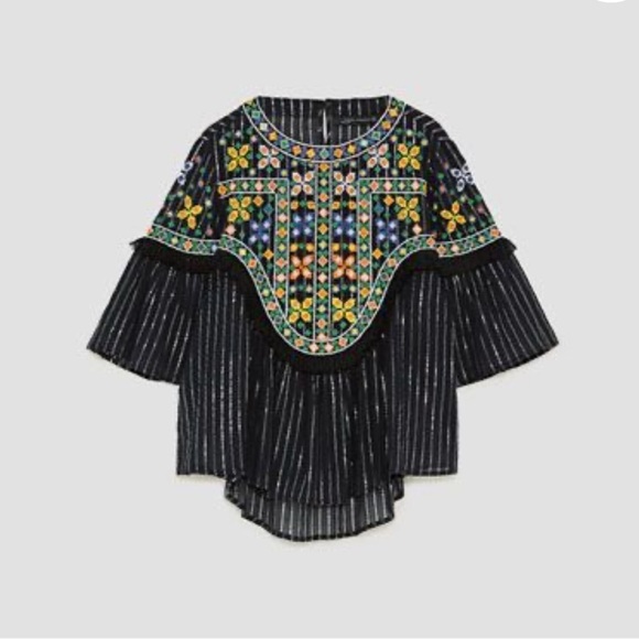 Zara Embroidered Sheer Boho Blouse Fringe Trim Bell Sleeves Festival Black M - Picture 5 of 15